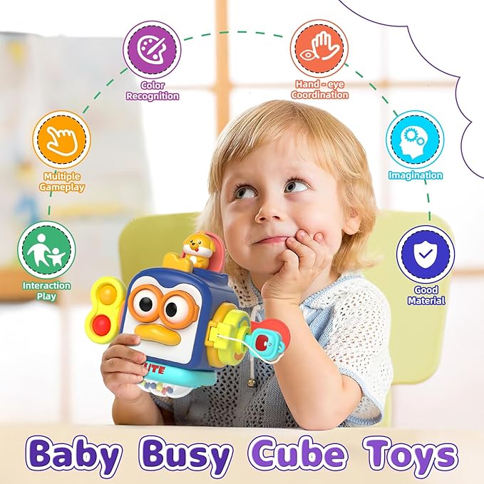 5 in 1 Baby Toy for 12 18 Month, Learning Toys for Babies 12-18 Months, Baby Busy Cube, Stacking&Sensory, Pull String&Piano Xylophone Toy, Birthday Gift for 12+ Month-CubbioJoy