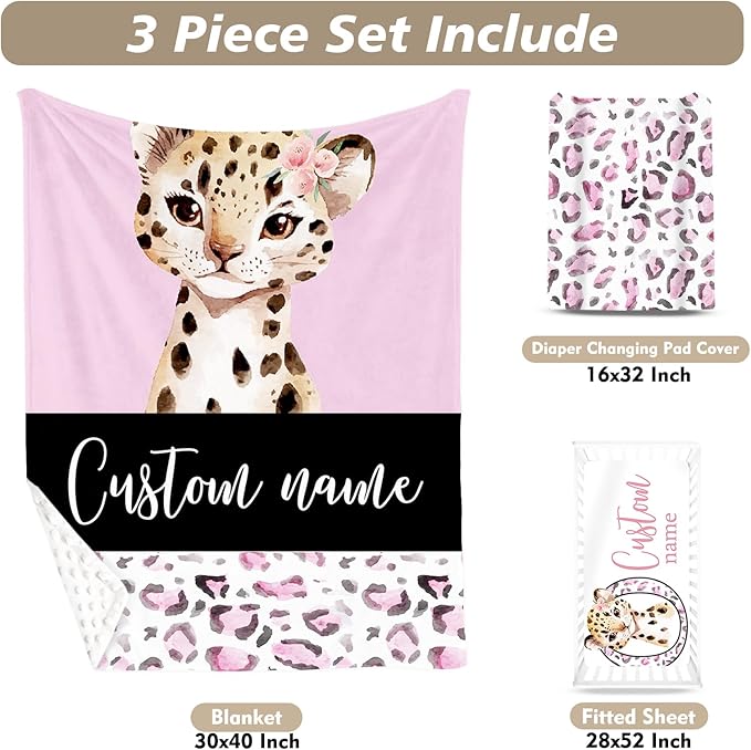 Custom Name Crib Bedding Set - Pink Leopard Theme, Personalized Nursery Bedding 3-Piece Set– Soft Blanket, Fitted Sheet, Changing Pad Cover – for Newborns Girls Nursery Gifts-CubbioJoy