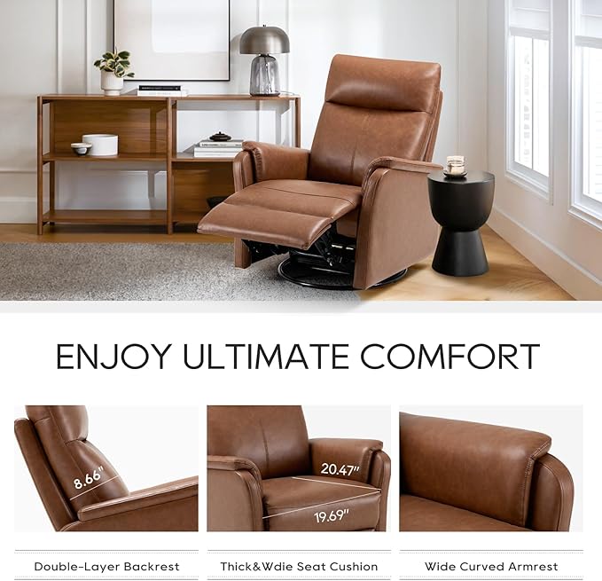 COLAMY Leather Swivel Recliner Chair with Footrest, Rocker Recliner High Back with Double-Layer Cushion, Glider Recliner for Nursery & Living Room, Bedroom, Cocoa-CubbioJoy