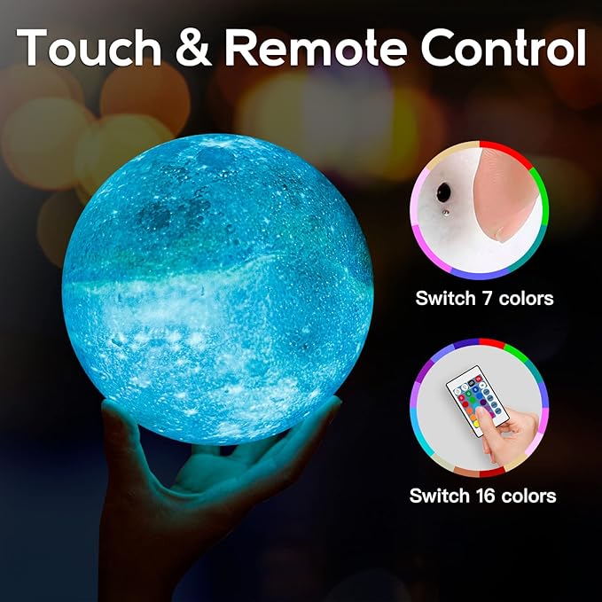 BRIGHTWORLD 7.1inch Galaxy Lamp 16 Colors Moon Lamp 3D Printing, Remote & Touch Control USB Rechargeable, Birthday Gifts for Women Room Decor Aesthetic（Black Hand Base）-CubbioJoy