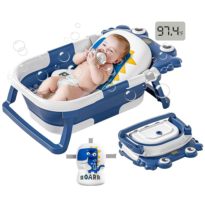 Collapsible Baby Bathtub for Newborns to Toddler with Real-time Temp Monitor & Floating Cushion,Portable Travel Tub for 0-36 Month, Foldable Baby Bath Tub for Infants Boy (Blue)-CubbioJoy