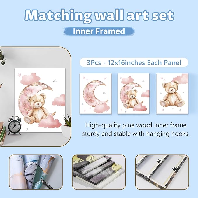 Custom Baby Crib Set, 5 Pcs Personalized Name Pink Bear Theme for Infants Toddlers, Nursery Bedding for Girls, Double Layer Customized Gifts-CubbioJoy