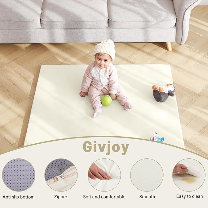 Baby Play Mat 48"x48" – Thick, Non-Slip Foam Mat for Babies and Toddlers. Foldable, Scrubbable, Odorless, and Soft, Ideal for Playpens, Crawling, and Indoor Playtime-Beige-CubbioJoy