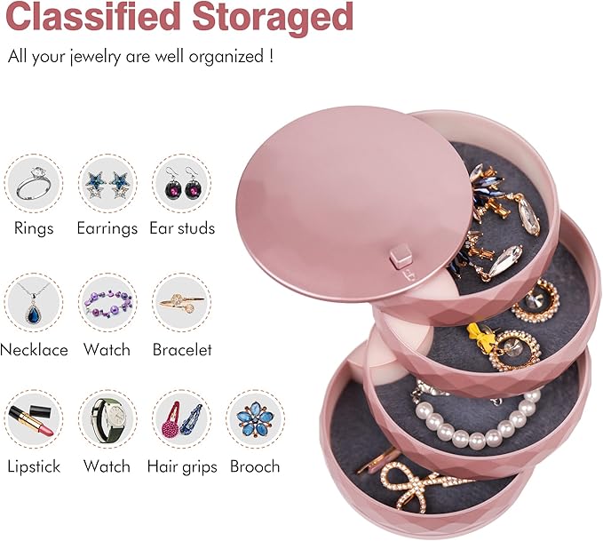 CONBOLA Travel Jewelry Case Box, Small Jewelry Organizer Earring Holder for Women, 5-Layer Rotating Jewelry Storage Tray with Lid for Bracelets Rings Bracelets-CubbioJoy