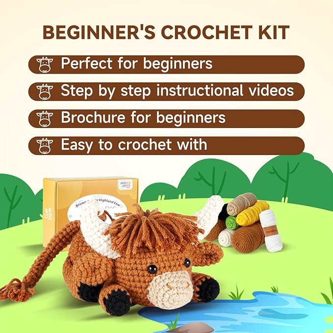 Crochet Kit for Beginners, Learn to Crochet, Include Easy Knitting Soft Yarn, Step-by-Step Video Tutorial, Hook, Holiday Birthday Gift for Adults and Kids(Highland Cow)-CubbioJoy
