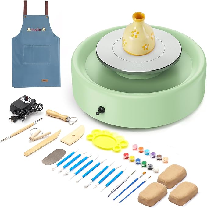 Alldeer Mini Pottery Wheel Machine - 6" Upgraded Clay Wheel for Beginners & Kids, 75W Motor, Adjustable Speed, Low Noise Ceramic Making Kit with 18PCS Sculpting Tools, Ideal for Home DIY (Green)-CubbioJoy