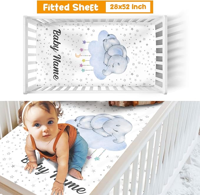 Custom Crib Bedding Set - Elephant Design Personalized Name Baby Nursery Bed 3 Pcs Set - Chic Soft Blanket with Dotted Backing, Sheet, Pillowcase for Newborn Girls Boys Gifts Color17-CubbioJoy