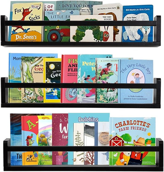 AZSKY Classic Nursery Book Shelves Black Wooden Floating Shelves Wall Bookshelf for Bathroom Decor Kitchen Spice Rack Organizer Kids Room 24 Inch Set of 3-CubbioJoy