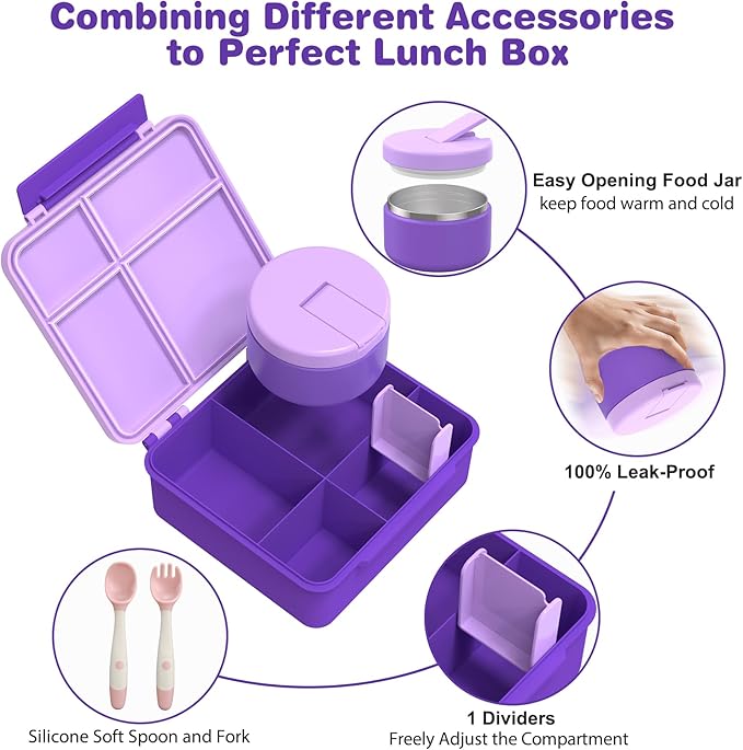 Bento Lunch Box with 8oz Soup Thermo, Kids Leakproof Lunch Food Containers with 4 Compartment, Kids Thermo Insulated Hot Food Jar for School, Trvael (Purple)-CubbioJoy