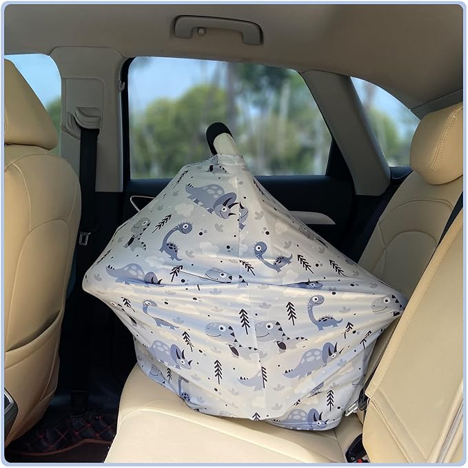 Car Seat Covers for Babies - Multi- use Nursing Carseat Canopy, Breastfeeding Covers, Baby Shower Gifts for Boys and Girls (Grey Dinosaur)-CubbioJoy