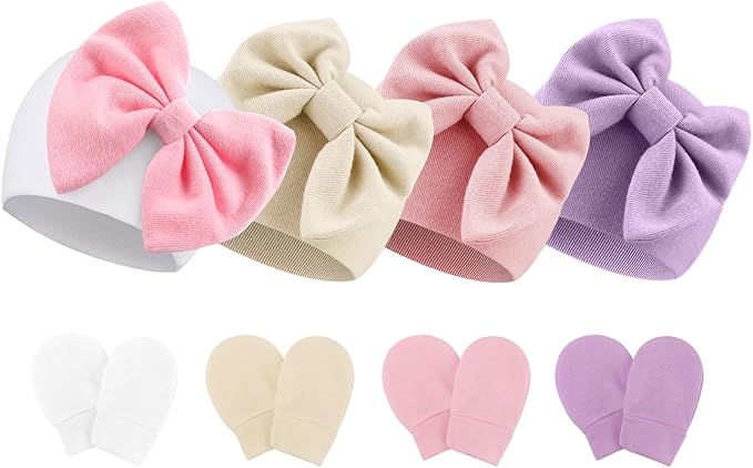 BQUBO Newborn Baby Hats Mittens Set Hospital Hat Beanie Infant Bow Hats Baby Gloves No Scratch Mittens for 0-6 Months-CubbioJoy