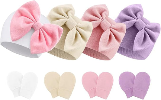 BQUBO Newborn Baby Hats Mittens Set Hospital Hat Beanie Infant Bow Hats Baby Gloves No Scratch Mittens for 0-6 Months-CubbioJoy