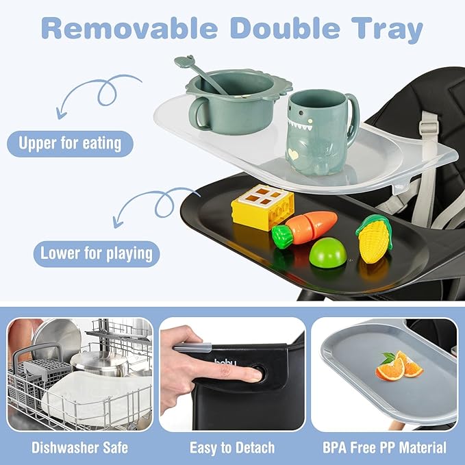 BABY JOY Baby High Chair, 6 in 1 Convertible Wooden High Chair for Babies & Toddlers with Adjustable Legs, Double Removable Tray, Safety Harness & Waterproof PU Cushion (Black)-CubbioJoy