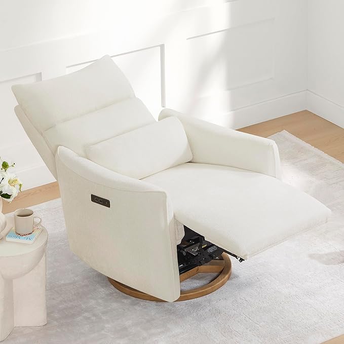 CHITA Swivel Rocker Recliner Chair, Power Nursery Glider Recliner, Nursery Rocking Chair with Adjustable Power Headrest, FSC Certified, Solid Wood Base, Cream-CubbioJoy