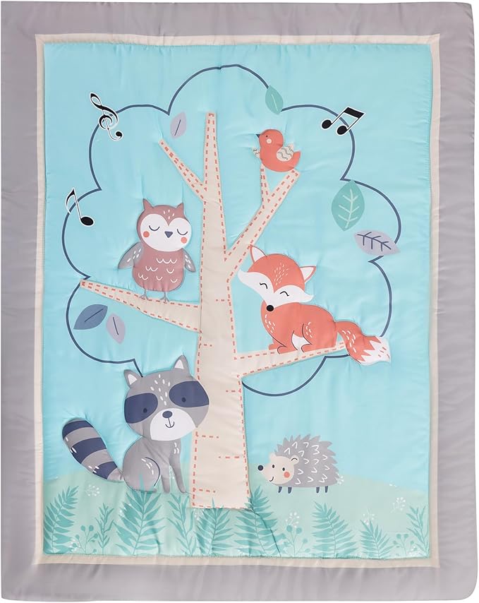 Blue Woodland Nursery Crib Bedding Set for Boys 3 Pieces Fox Owl Raccoon Baby Boy Cot Bedding Set-CubbioJoy
