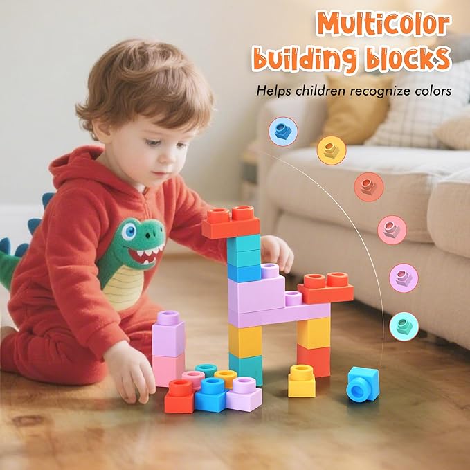 22 Pcs Soft Building Blocks for Toddlers 18M+, BPA - Free Sensory Teether Toys, Montessori STEM DIY Bricks, Early Learning Creative Stacking Set, Safe Baby Construction Toys-CubbioJoy