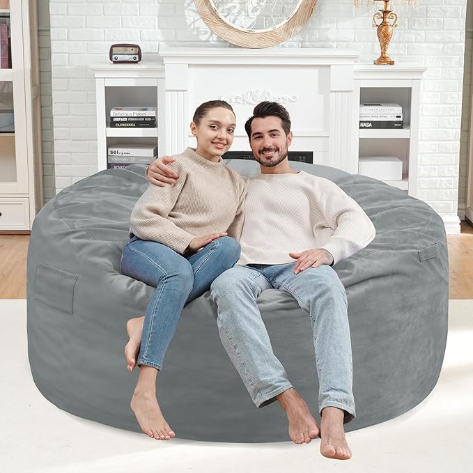 4FT Bean Bag Chair, Large Bean Bag Chairs with Memory Foam Filled, Fluffy Beanbag Sofa with Dutch Velvet Cover, Round BeanBag Chairs for Living Room, Playroom - Light Grey-CubbioJoy