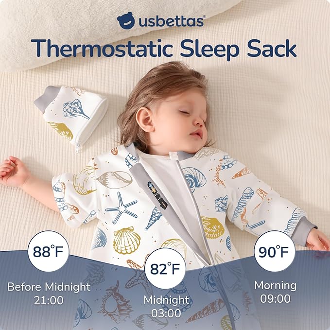 Baby Sleep Sack 18-24 Months, Cotton Detachable Long Sleeve Sleep Sack, 2.5 Tog Toddler Sleeping Sack with Temperature Strips, 2-Way Zipper Wearable Blankets for Newborns, Ocean-CubbioJoy