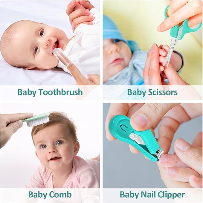Baby Grooming Kit, Infant Safety Care Set with Hair Brush Comb Nail Clipper Nasal Aspirator,Baby Essentials Kit for Newborn Girls Boys (Green)-CubbioJoy