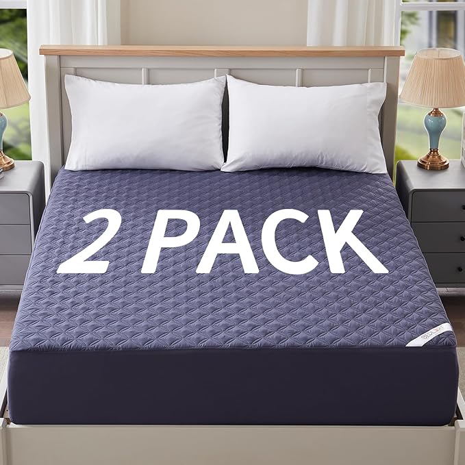 2 Pack Waterproof Mattress Protector, Queen Size Mattress Pad Noiseless with Deep Pocket Fitted for 6"-18", Soft Breathable Dirt-Proof Bed Mattress Cover Washable for Home, Bedroom, Hotel (Navy Blue)-CubbioJoy