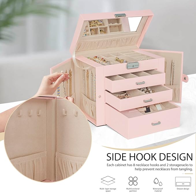 AKOZLIN 4-Tier Jewelry Box Lockable Leather Jewelry Storage Case Organizer with 3 Drawers for Women Girls Ring Necklace Earring Bracelet Watches Holder with Mirror Pink-CubbioJoy