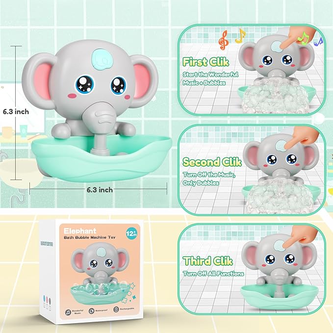 Baby Bath Toys, Magnetic Charging Music Bath Bubble Machine, Elephant Bubble Maker for Kids Ages 1-3 4-8, Toddler Bathtub Toy Gift for Boys and Girls (Grey)-CubbioJoy