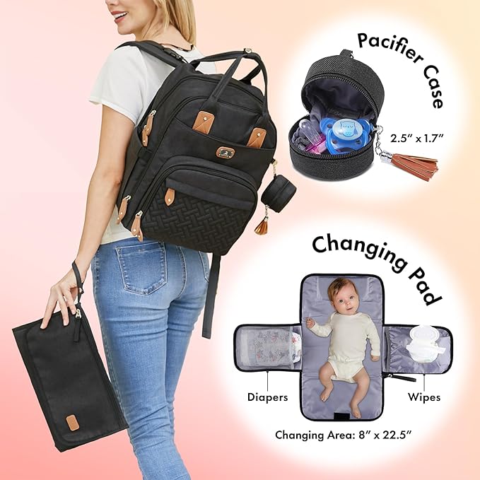 Dikaslon Diaper Bag Backpack with Portable Changing Pad, Pacifier Case and Stroller Straps, Large Unisex Baby Bags for Boys Girls, Multipurpose Travel Back Pack Moms Dads, Black-CubbioJoy