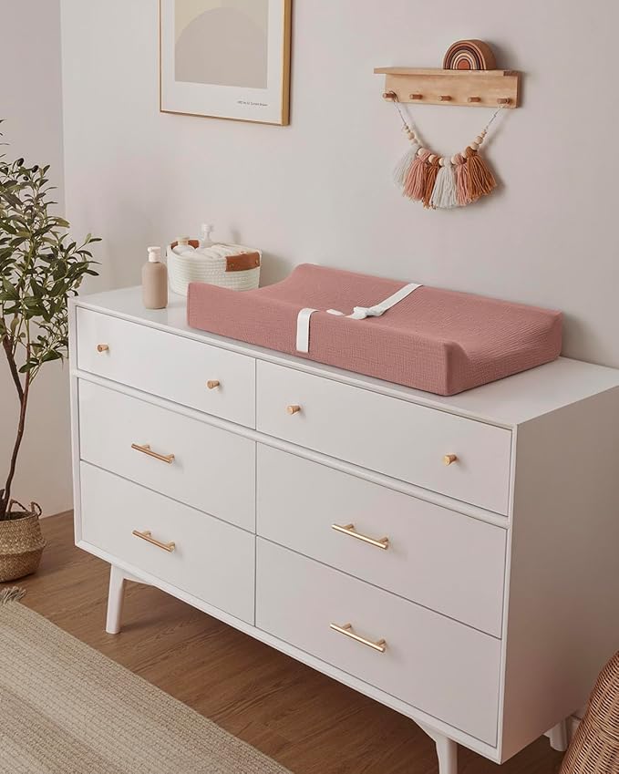 Blissful Diary Muslin Baby Changing Pad with Waterproof Lining Foam, Diaper Changing Table Pad with Cover for Dressers (Dusty Pink, Rectangular)-CubbioJoy