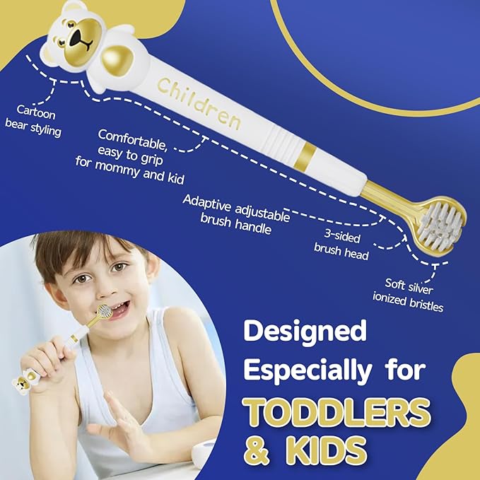 3 Sided Toothbrush for Kids, Japanese Design Triple-Angle Toothhugger, Cartoon Bear Design for Autism Toddlers, Kids Toothbrush for Aged 3-12, Soft Bristles for Gentle Gum Care (3Pack)-CubbioJoy