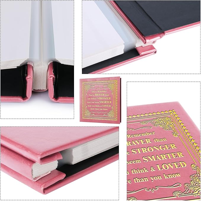 Inspirational Leather Photo Album,Magnetic Self-Stick Page Photo Album,Family Album,Hand Made DIY Albums Holds 3x5, 4x6, 5x7, 6x8 Photos (pink-always remember)-CubbioJoy