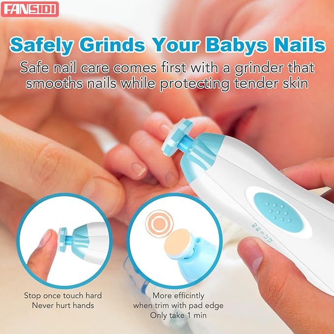 Baby Nail Clippers, FANSIDI Safe Baby Nail Trimmer Baby Nail File Electric with 10 Filing Pads 8 Sandpapers for Newborn Infant Toddler or Adult Toes Fingernails Care - AA Battery Operated (White/Blue)-CubbioJoy