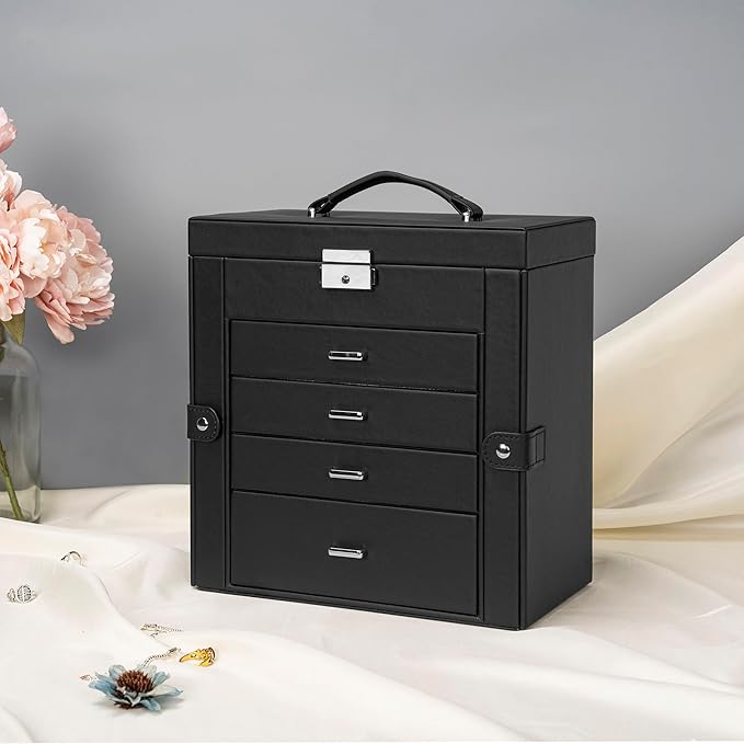 AKOZLIN 5-Tier Jewelry Box Lockable Leather Jewelry Storage Case with 4 Drawers for Women Girls Ring Necklace Earring Bracelet Watches Holder Organizer with Mirror-CubbioJoy
