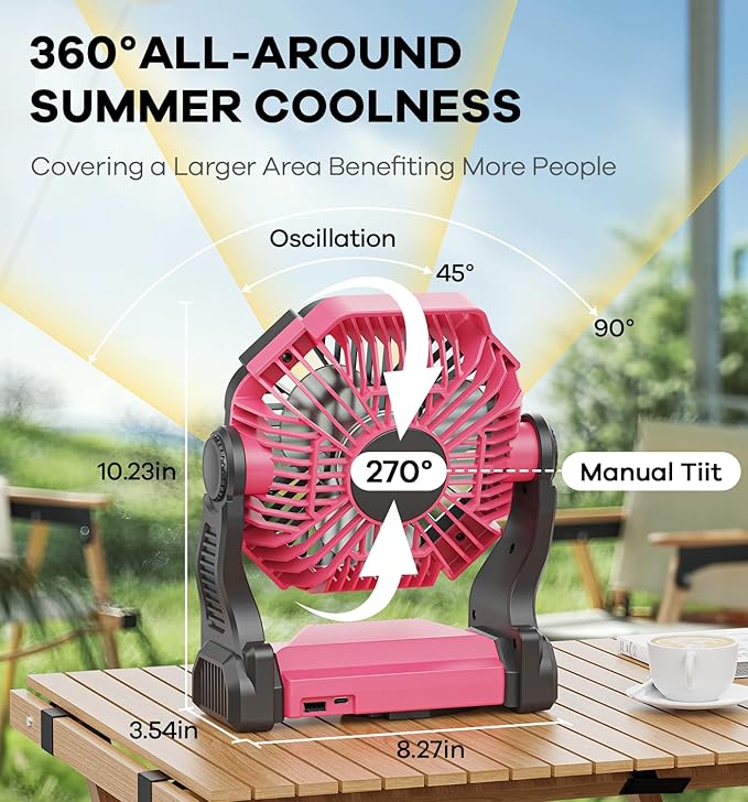 30000mAh Portable Battery Powered Camping Fan - with LED Light, Quiet Battery Operated, Camping Gear for Travel, Tent, Beach, Car or Hurricane Power Outages, Pink-CubbioJoy