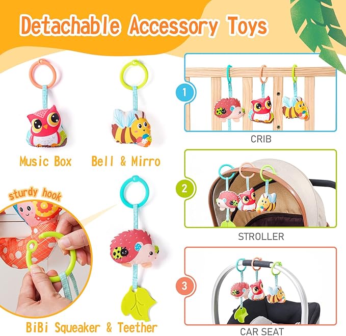 Jollybaby Crib Stroller Car Seat Toys for Baby 0-3-6-9-12 Months, Tummy Time Hanging Sensory Toys for Newborn with Music Box and Teether, Spiral Carseat Toy for Infant Boys Girls Gifts (Yellow)-CubbioJoy