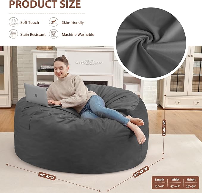 4FT Bean Bag Chair, Large Bean Bag Chairs with Memory Foam Filled, Fluffy Beanbag Sofa with Dutch Velvet Cover, Round BeanBag Chairs for Living Room, Playroom - Grey-CubbioJoy