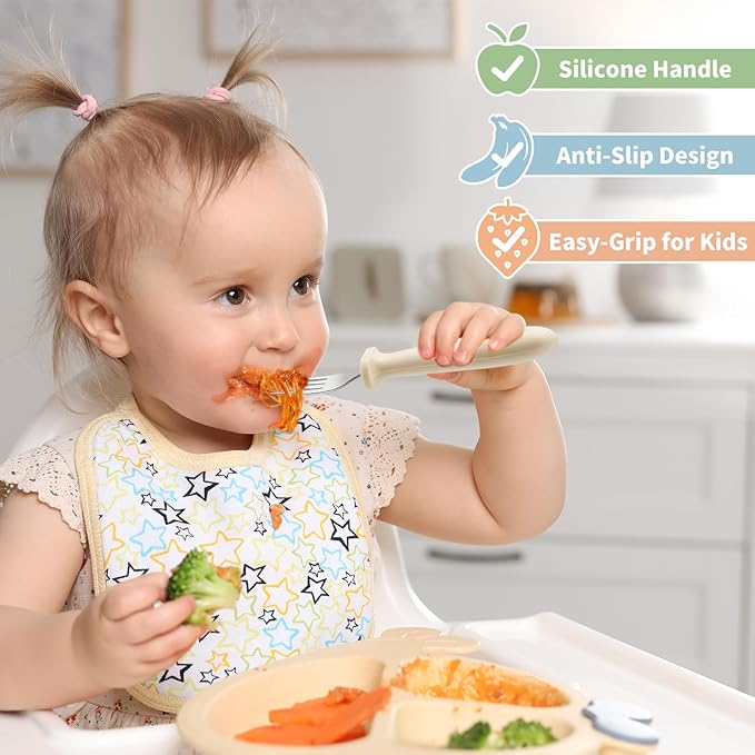 DRKIO 8 Pieces Toddler Forks Set - Baby Forks with Silicone Handle Children safe 18/8 Stainless Steel Toddler Utensils Set for Self Feeding Kids Silverware Anti-Choke Design Food Grade Dishwasher Safe-CubbioJoy