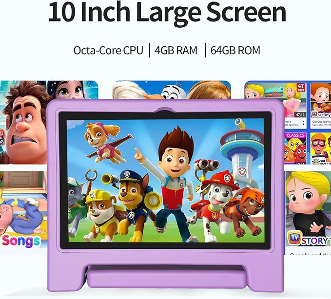 JREN Tablet for Kids｜10 Inch Kids Tablet Android 14｜Octa-core｜64GB｜WiFi ｜Bluetooth｜Parental Control｜Children Content｜Children Toddler Purple-CubbioJoy