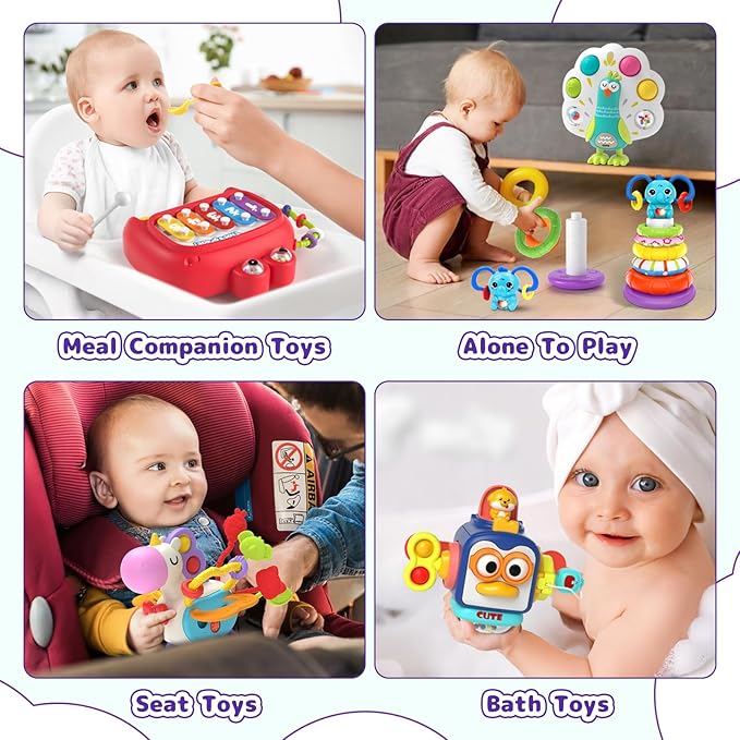 5 in 1 Baby Toy for 12 18 Month, Learning Toys for Babies 12-18 Months, Baby Busy Cube, Stacking&Sensory, Pull String&Piano Xylophone Toy, Birthday Gift for 12+ Month-CubbioJoy