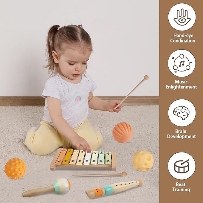 Baby Toys 6-12 Months Montessori Toys for Babies 9 Months,Wooden Musical Instruments Toy Stacking Building Blocks,Infant Teething Toys Sensory Balls,Xylophone,Birthday Gift for Toddlers 1+ Year Old-CubbioJoy