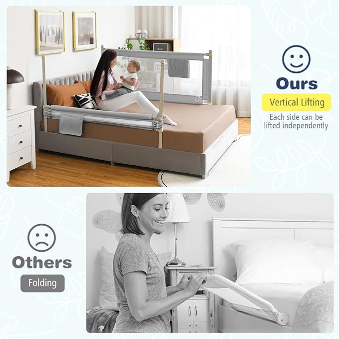 BABY JOY Bed Rail for Toddlers, 57’’ Extra Long, Height Adjustable, Foldable Baby Bed Rail Guard w/Storage Pocket & Double Safety Child Lock for Kids Twin Full Size Queen King Mattress (Gray, 57'')-CubbioJoy