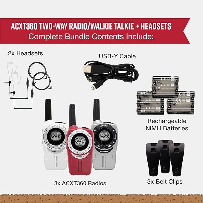 Cobra ACXT360 Water Resistant Walkie Talkies for Adults & Compatible Cobra Surveillance Headset: Rechargeable, 22 Channels, Long-Range, 3 Two-Way Radios, 2 Headsets, White, Silver and Red-CubbioJoy