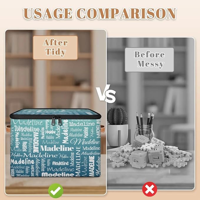 Custom Storage Basket with Name, Personalized Storage Bins with Zipper Lid, Foldable Fabric Storage Box Large capacity with Handle Grey Blue Green-CubbioJoy