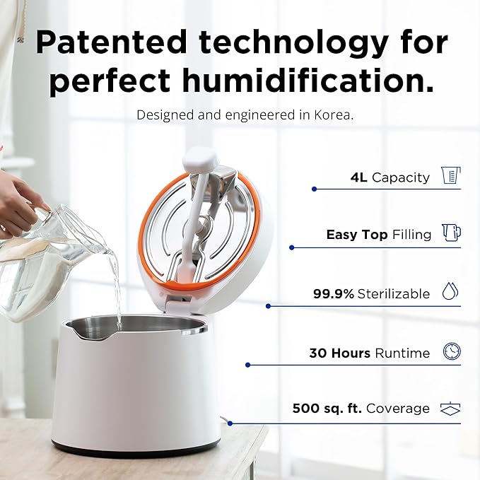 Carepod 31S Stainless Steel Humidifier for Large Room, Quiet & Safe for Baby, Only 3 Washable Parts & Easy to Clean, Ultrasonic Cool Mist Humidifiers for Bedroom, Filter-Free, Lasts 30Hrs (1Gal/4L)-CubbioJoy