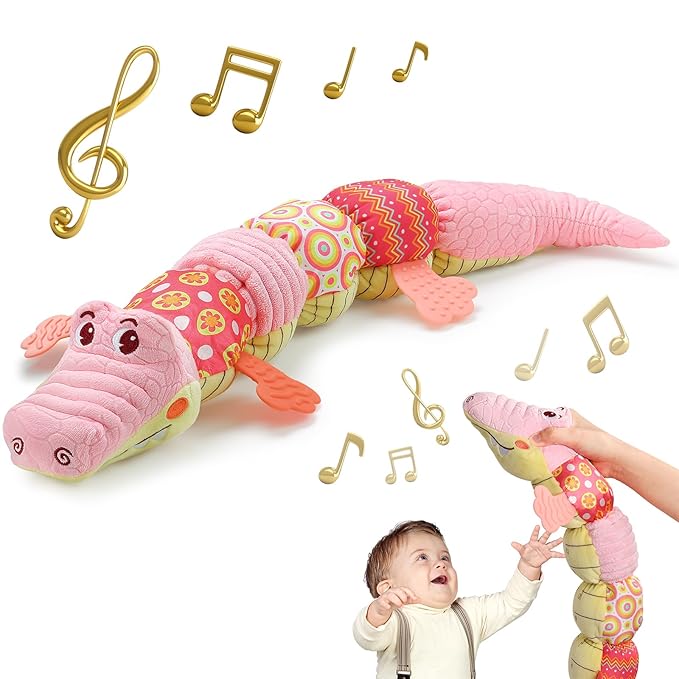 Sumobaby Crocodile Baby Toys Musical Crocodile, Stuffed Animal Activity Soft Toys with Teether, Multi-Sensory Crinkle, Rattle and Textures, for Tummy Time, 0 - 12 Months, Boys, Girls, Alligator (Pink)-CubbioJoy