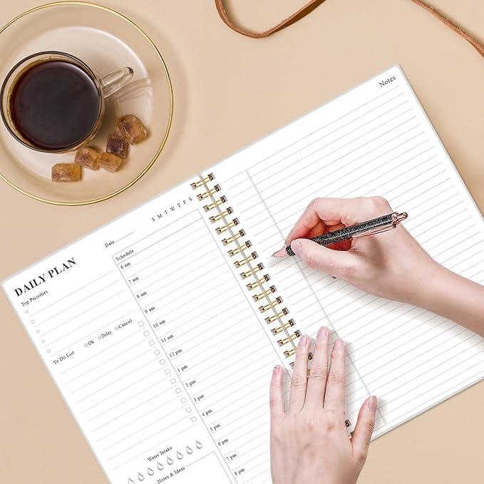 Daily Planner Undated - B5 To Do List Notebook Hourly Schedules, Spiral Appointment Planner for Women and Men, PVC Hardcover, Inner Pocket, Elastic Closure, 7" x 10", Blue Watercolor-CubbioJoy