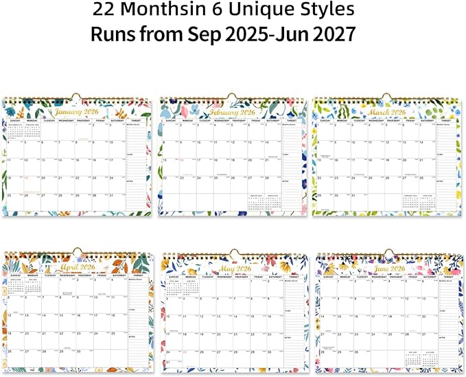 Calendar 2025-2027 22 Monthly Wall Calendar Runs from September 2025 until June 2027 Spiral Binding Hanging 11.5" x 14.7" Thick Paper with Julian Dates and Block for School Office（Flower）-CubbioJoy