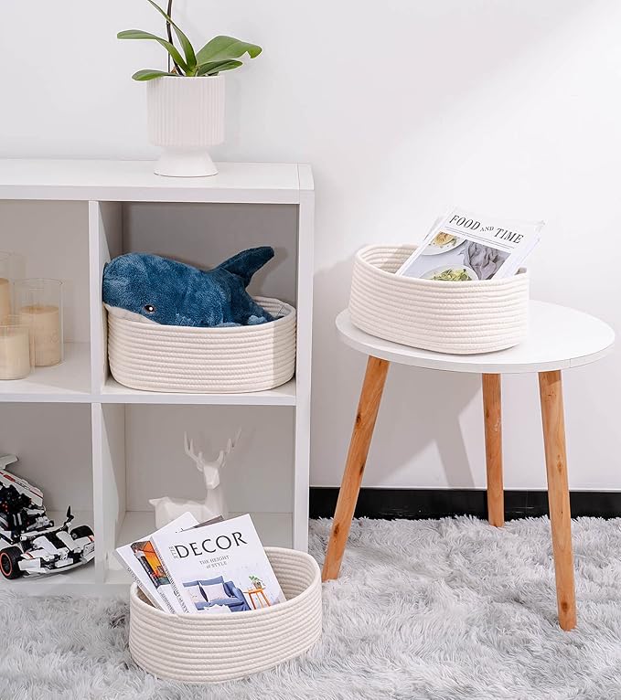 Baskets&Bins for Shelf Storage Organizing/Cute Basket to Store and Organize Household Items/Woven Rope Basket for Living Room, Bedroom,Playroom,3 Packs Off White-CubbioJoy