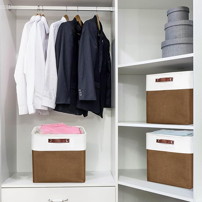 13x13 Cube Storage Bins, Collapsible Fabric Storage Box, 4 Pack Closet Baskets with Handles for Organizing, Shelf, Toys, Clothes, Home, Office, Nursery (Brown&White)-CubbioJoy