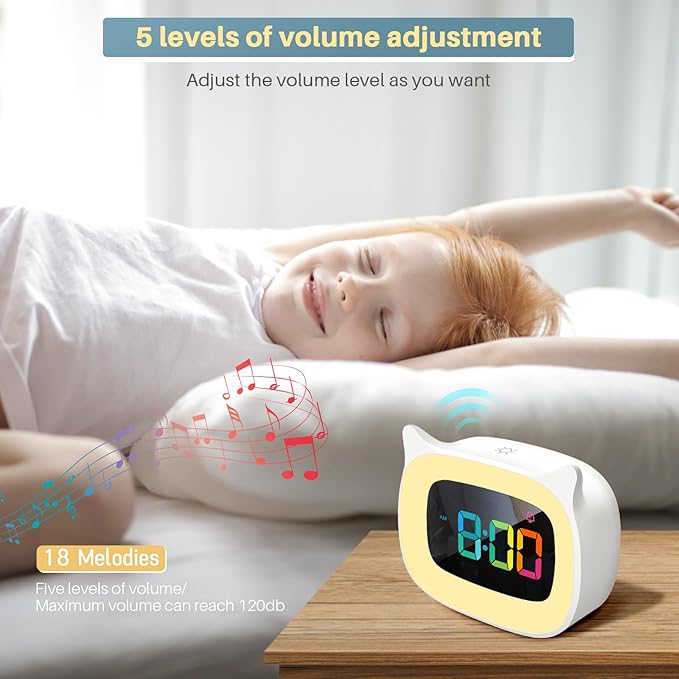 Cute Cat Ear Alarm Clock with RGB 7 Color Night Light & 18 Ringtones,Rechargeable Clock for Kids Bedroom,LED Colorful Digital Display,Bedside Clock for Boys,Girls Birthday Presents(White)-CubbioJoy