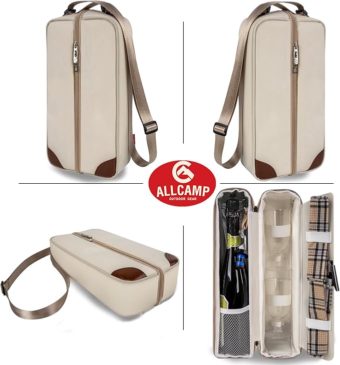 ALLCAMP Wine Tote Bag with Cooler Compartment，Picnic Set Carrying Two Sets of Tableware（Cream-Colored）-CubbioJoy